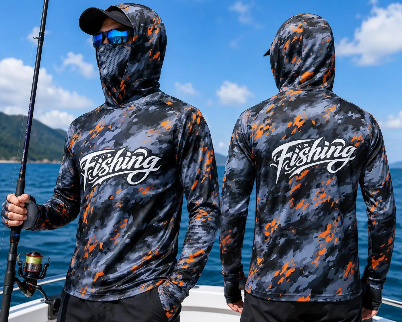 Fishing - قميص صيد رجالي بغطاء للرأس، حماية